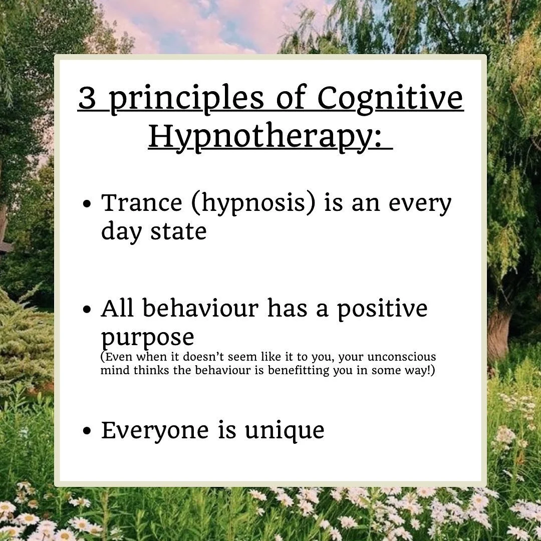 Three principles of Cognitive Hypnotherapy:

🔸 Trance (hypnosis) is an every day state 🔸

Trance / hypnosis isn&rsquo;t a state the therapist puts you in. We tap in and out of trances throughout the day, every day. 

🔸 All behaviour has a positive