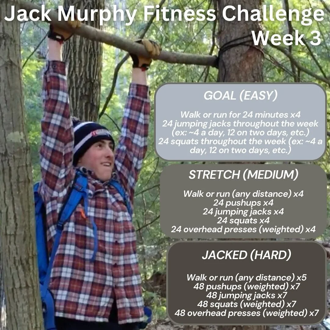 We&rsquo;re over halfway through the Jack Murphy Fitness Challenge! Check out the challenges for this week above. You&rsquo;ll also see that Jack made his own pull up bar in the woods - quintessential Jack right there. 

Continue to tag us and send p