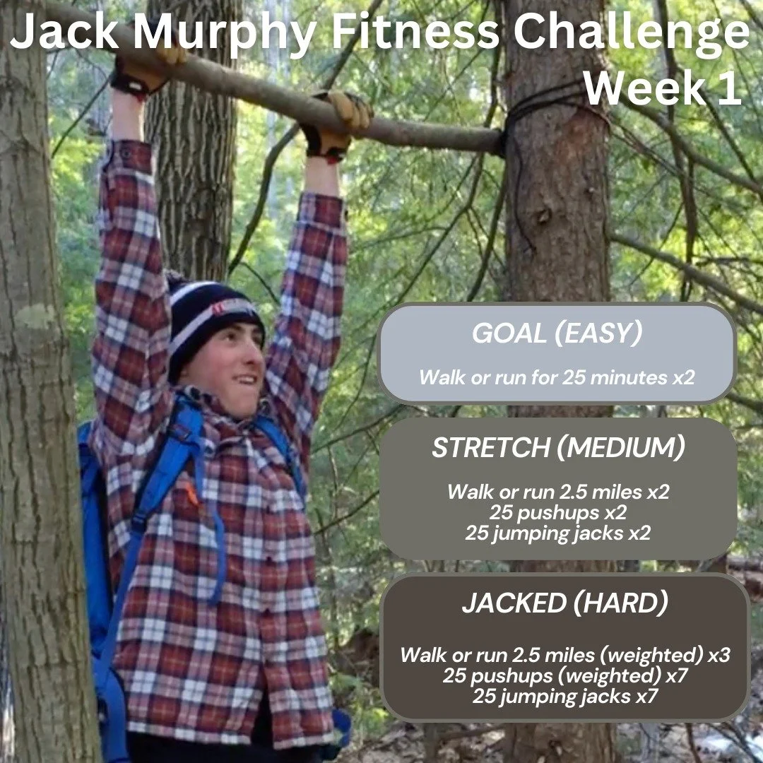 Here we go! Week 1 of the Jack Murphy Foundation Fitness Challenge is underway. You can see in this picture that Jack made his own pull up bar in the woods - quintessential Jack right there. 

Remember:
- These activities don&rsquo;t require a gym
- 