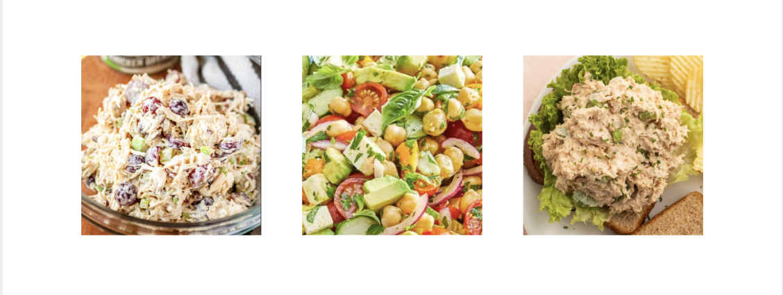 A photo of chicken salad, chickpea salad, and tuna salad