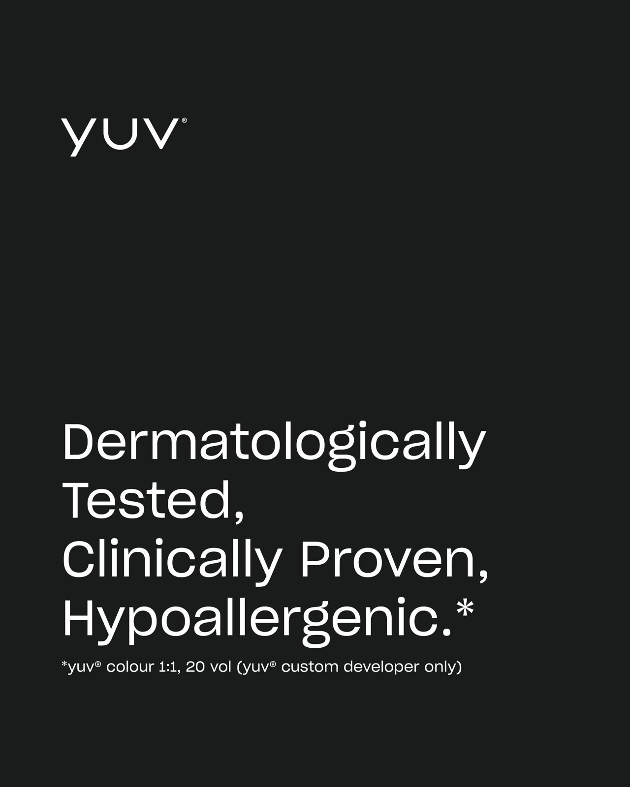 YUV skincare product label emphasizing dermatological testing, clinical proof, and hypoallergenic features.