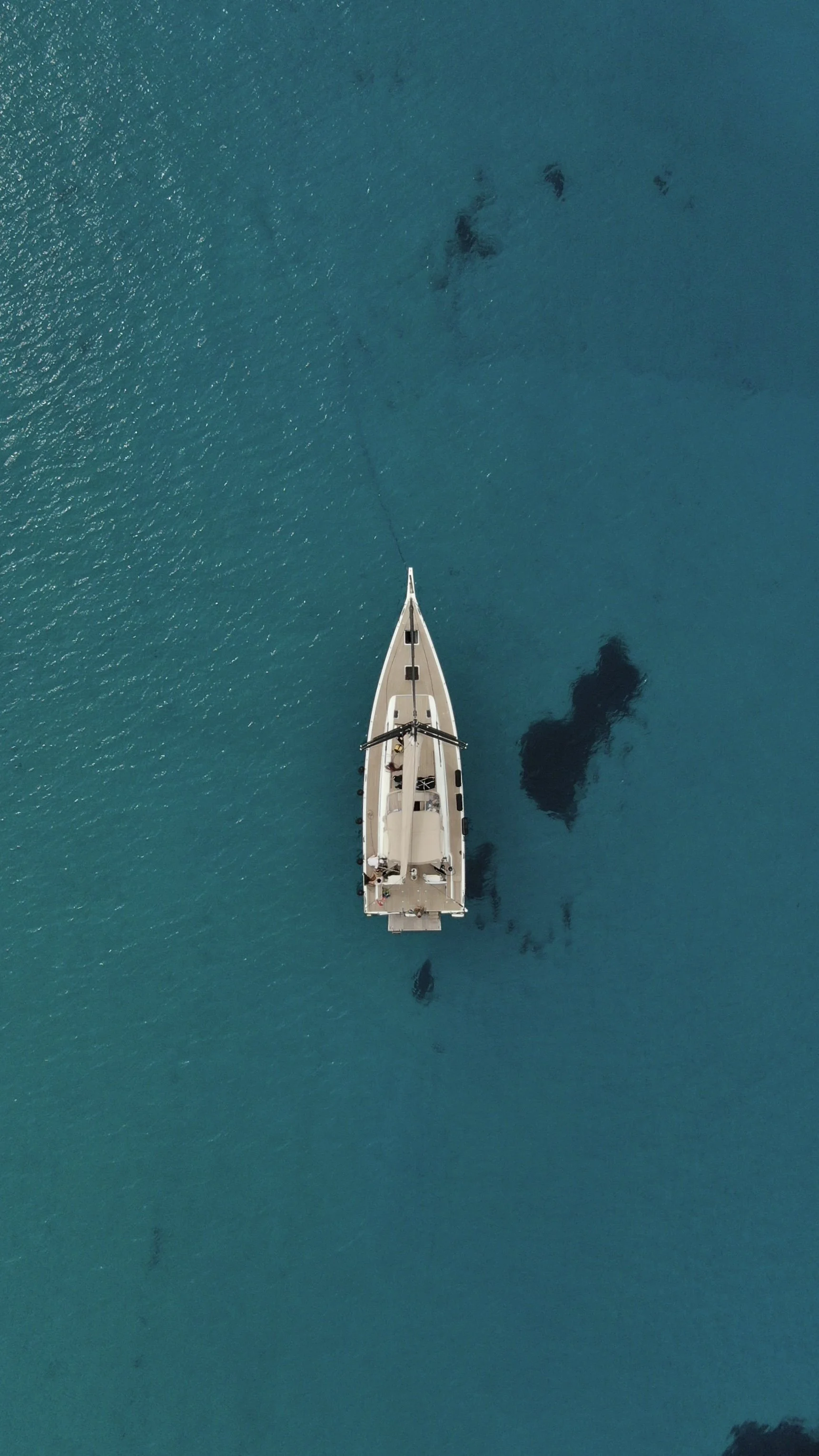 Aerial view of a miss marie cruising through clear turquoise ocean water.