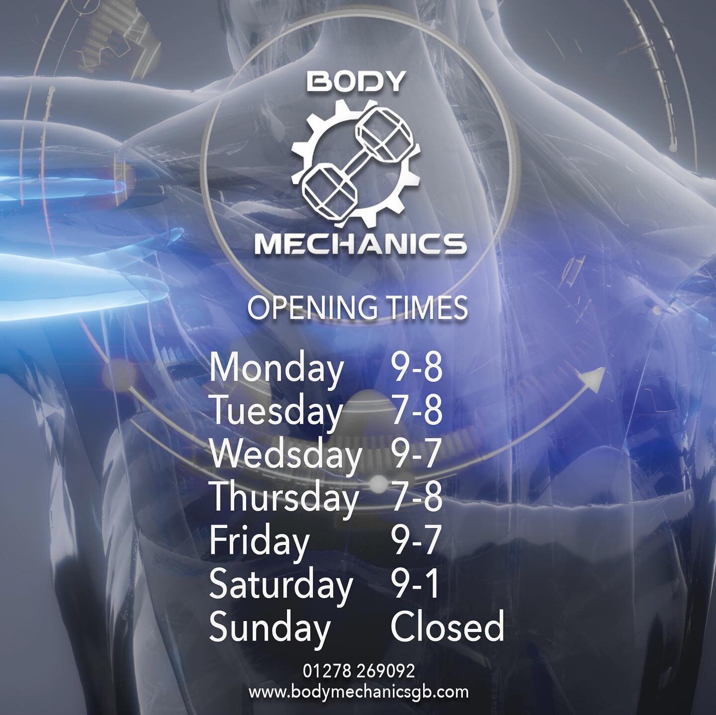OPENING TIMES.  Save this or screen grab it so you have it!

🦾 🦾 🦾⁠
#BodyMechanicsBridgwater⁠
.⁠
.⁠
.⁠
.⁠
.⁠
.⁠
.⁠
.⁠
.⁠
#gym #gymlife #bridgwater #bridgwater #bridgwatermassage #massage #massagetherapy #massagetherapist  #sportsmassage #glastonbu