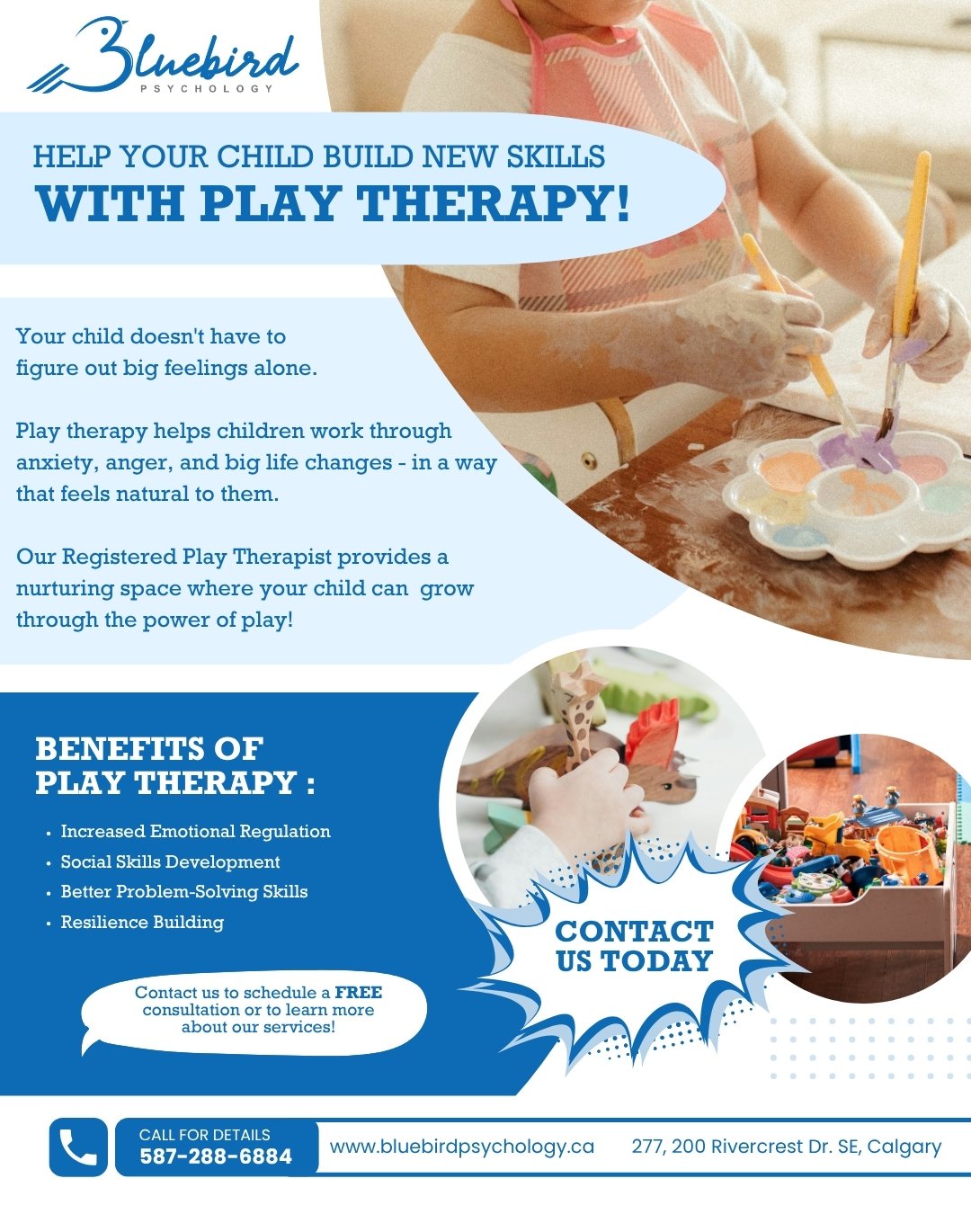 We have some exciting news at Bluebird Psychology - we now offer play therapy for children ages 4&ndash;17 in Calgary!

Is your child struggling with any of these?
&rarr; Explosive meltdowns that come out of nowhere
&rarr; Anxiety or school refusal
&