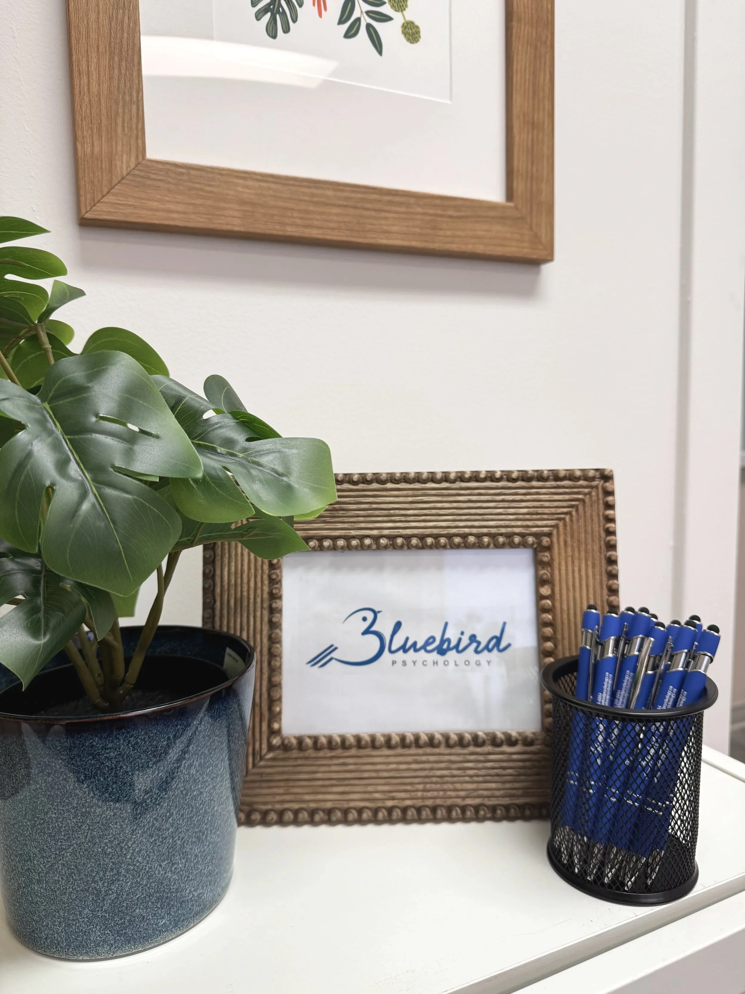 A potted green plant, a framed logo for Bluebird Psychology, and a black pen holder filled with blue pens on a white surface, with framed artwork above.