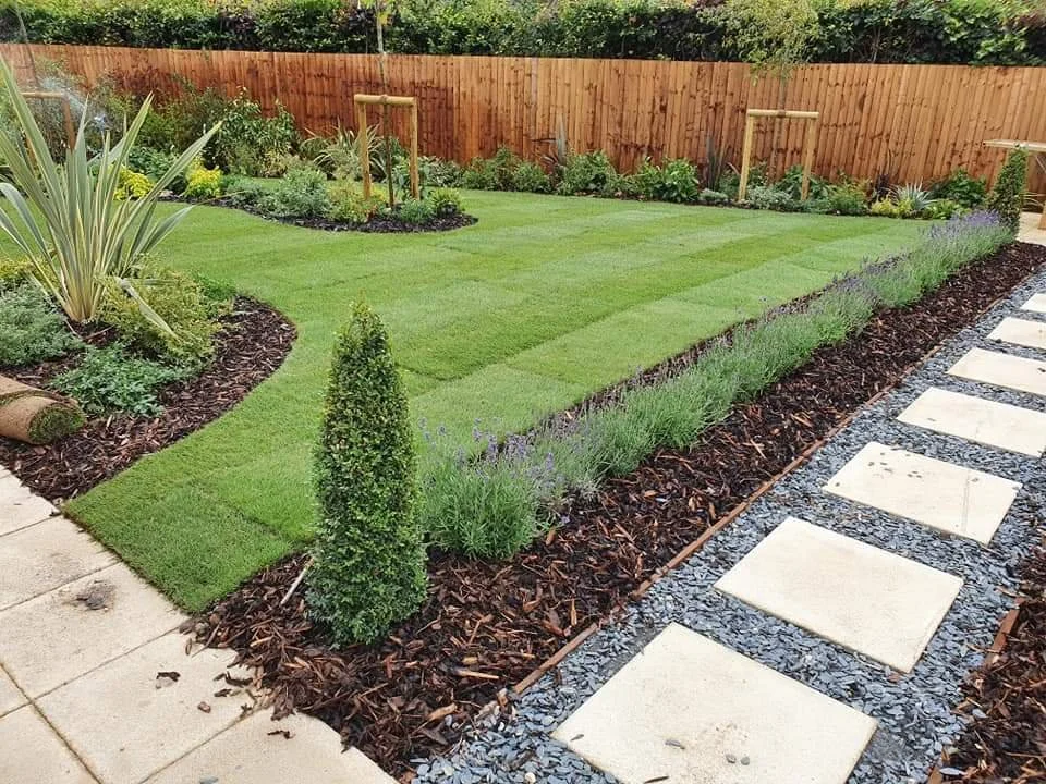 Backyard with grass and walkway