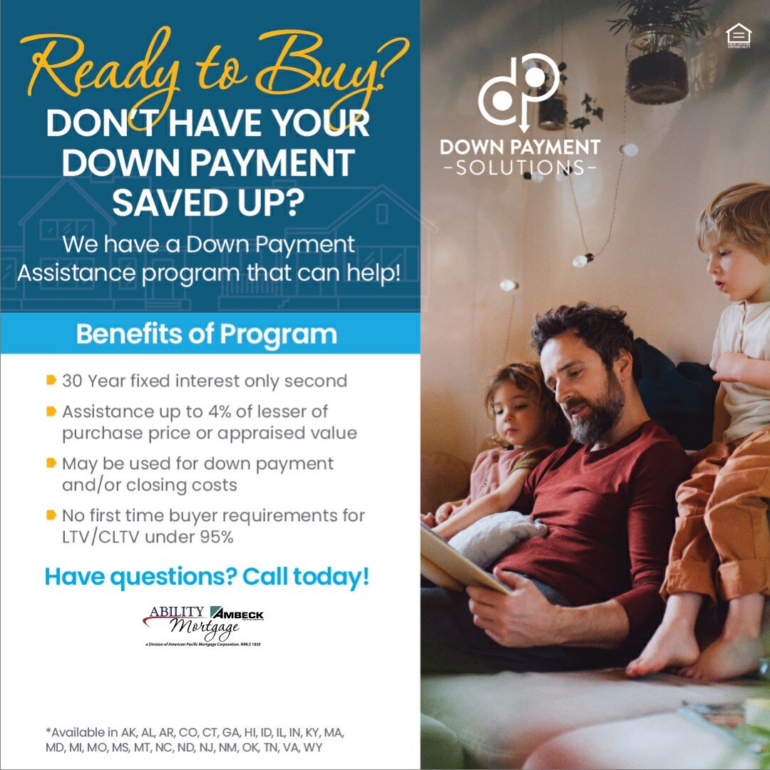 Don't have your down payment saved? 

No problem, call us to see if a Down Payment Assistant program can help get into your dream home! 👇🏻

AbilityAmbeckMortgage.com/contact 
.
.
.
#WeareAAm #AbilityAmbeckMortgage #DownPaymentAssistant