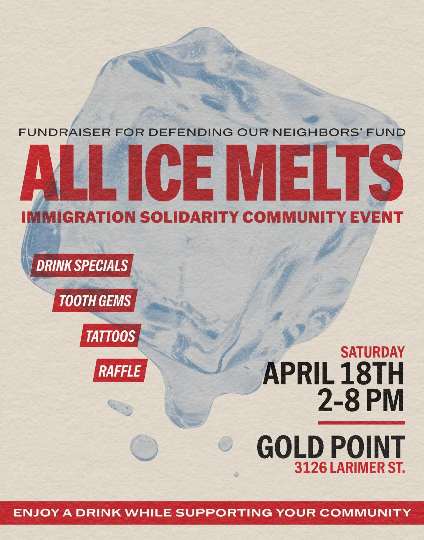 Join your community this Saturday, April 18th 2-8 PM for a grassroots fundraiser for Defending Our Neighbors Fund at @goldpointdenver - our success relies on you so please come for a night of unity, organization, information, art and fun. 

The Gold 