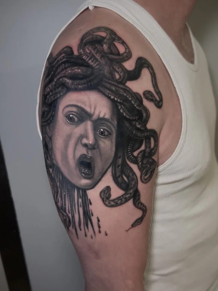 Caravaggio&rsquo; Medusa for my wonderful friend @patlavey - the start of his fine art sleeve that I&rsquo;m so excited to be trusted with 🖤 Really been enjoying soft black and grey tattoos. If there&rsquo;s any master painting you want to stress me