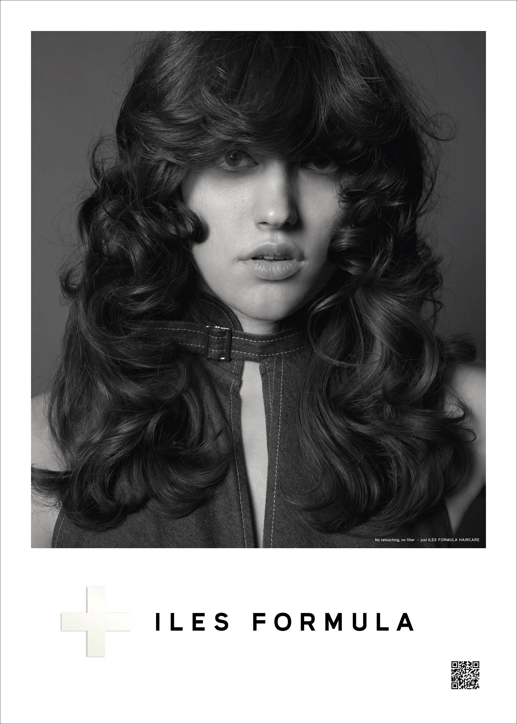 Black and white image of a person with long, wavy hair wearing a high-collared top. The text "Iles Formula" is at the bottom with a QR code on the right.