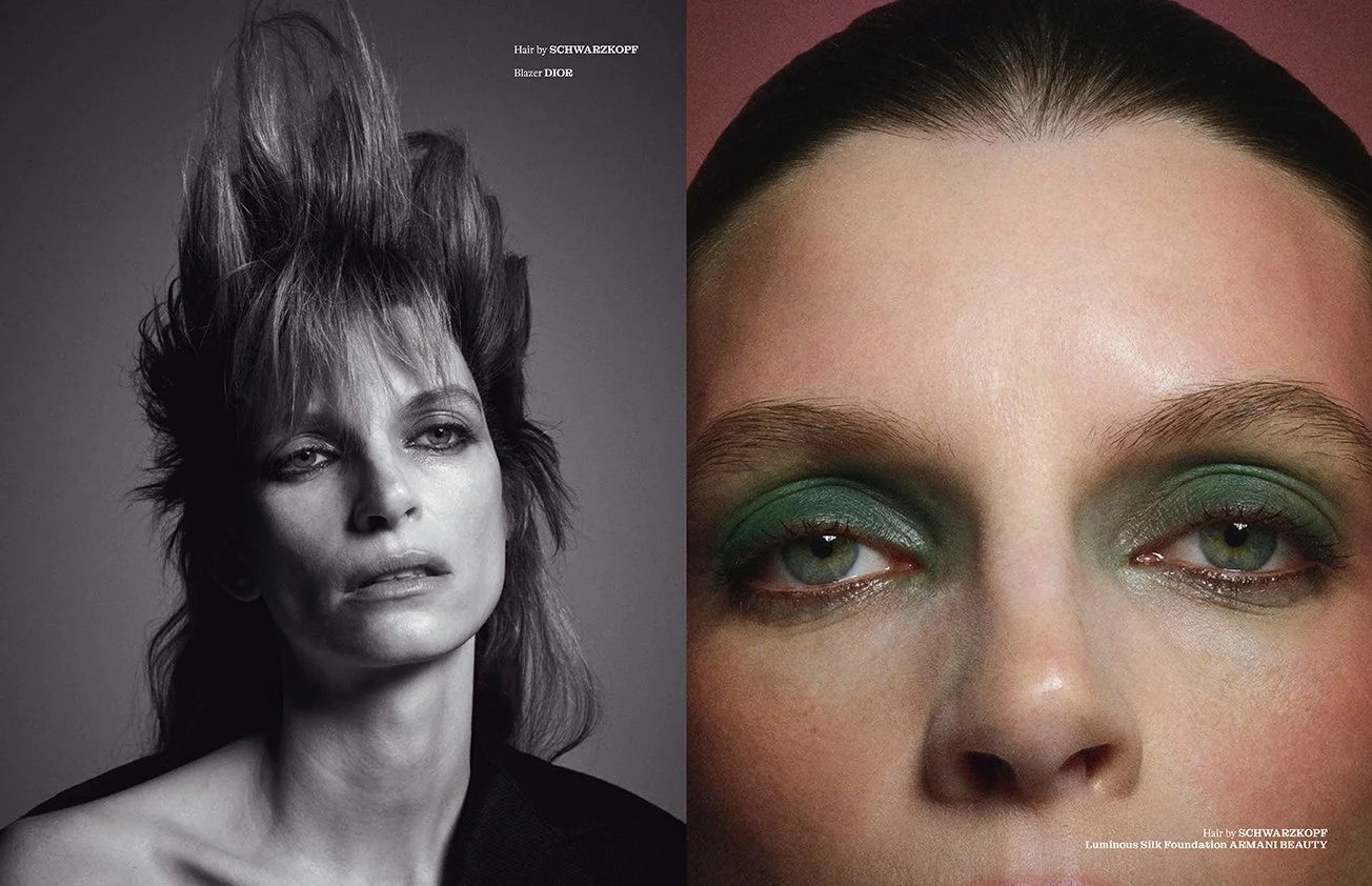Black and white portrait of a person with voluminous hair styled upwards, and a close-up of another person's eyes with green eye shadow.