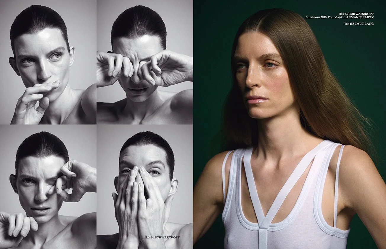 Collage of five images featuring a woman with long hair: four black and white close-ups showing various hand gestures on her face, and one colored profile shot with a green background and white outfit.