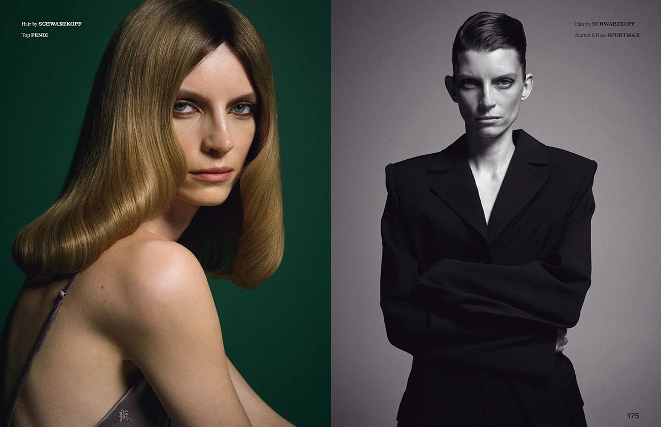 Fashion editorial featuring two models: one with long, sleek hair and wearing a Fendi top on a green background, the other in a black blazer with slicked-back hair in a grayscale photo. Styled by Schwarzkopf and Sportmax.
