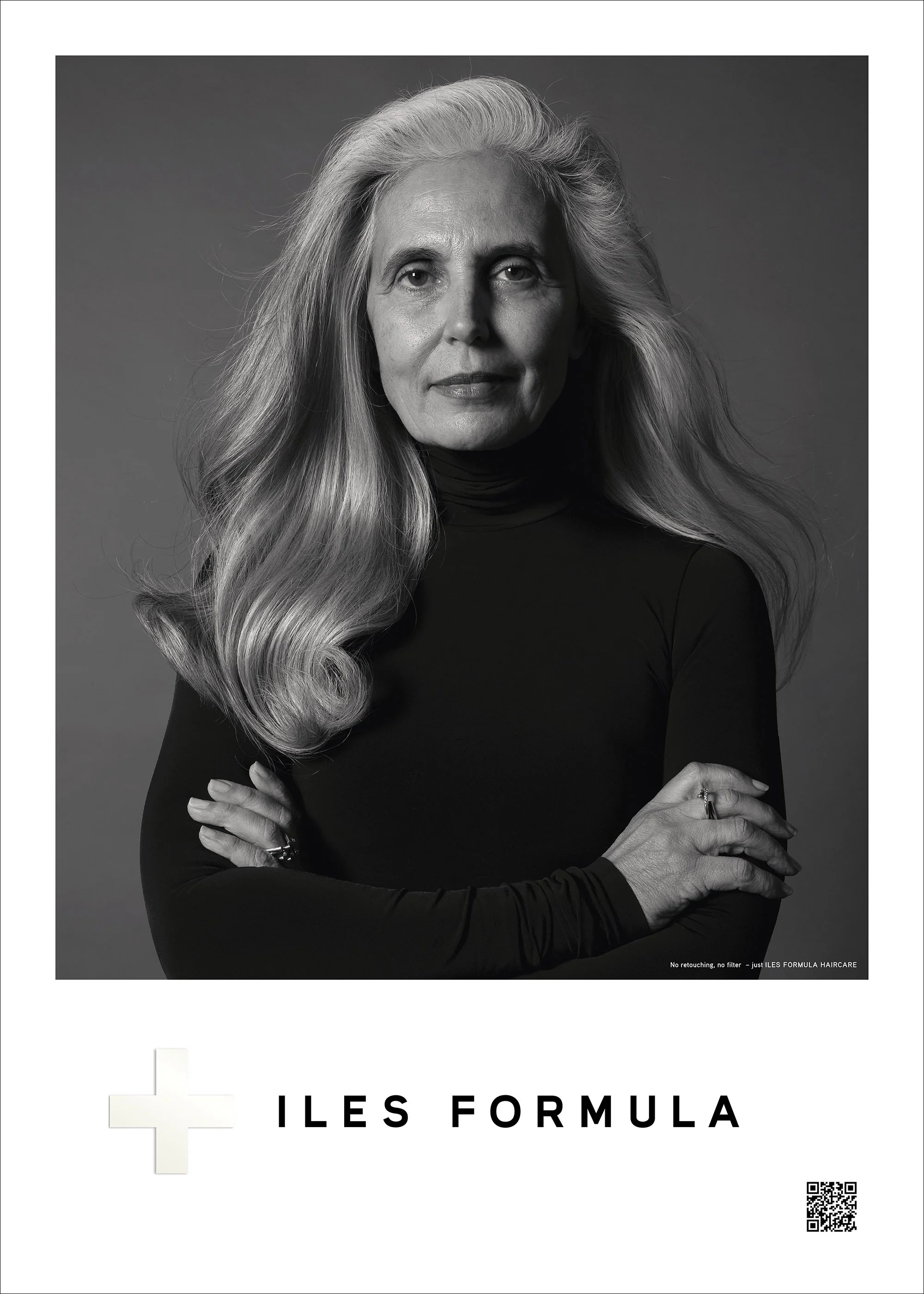 Black and white image of a woman with long hair wearing a turtleneck, arms crossed, featuring the Iles Formula logo at the bottom.