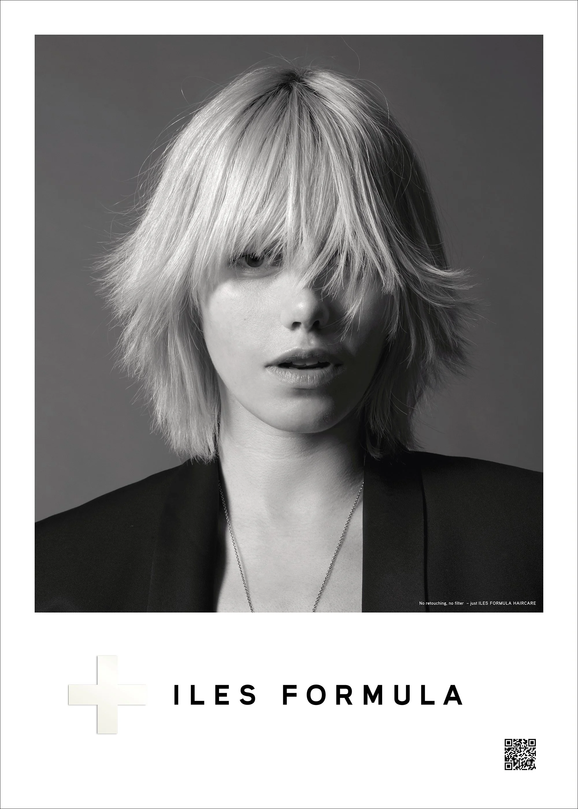 Black and white ad featuring a person with layered blonde hair, wearing a dark jacket, and promoting Iles Formula haircare with text and logo at the bottom.