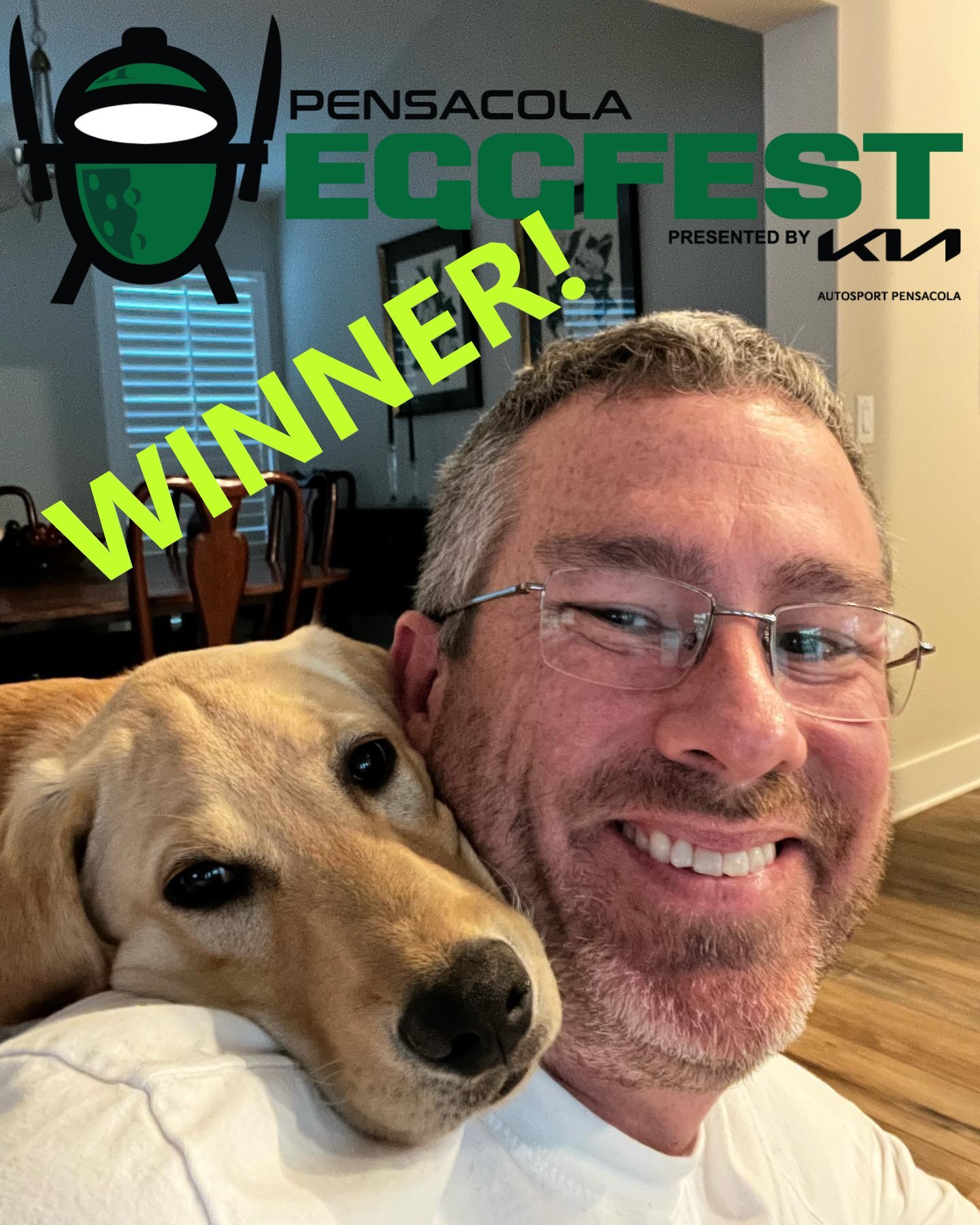 There he is, folks, the happiest man in all these parts. Frankly, he was pretty happy prior to this announcement, but this doesn't hurt either. Jamie Byers (right) is the winner of four tickets to @pensacola_eggfest this Sunday at Community Maritime 