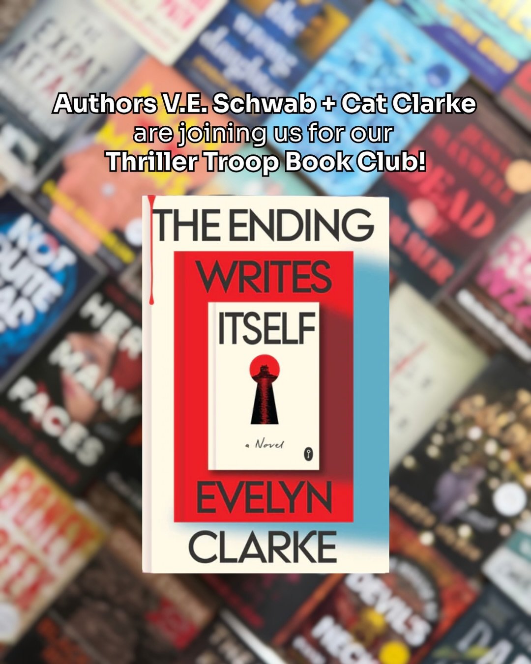 🚨 JUNE BOOK CLUB PICK ANNOUNCEMENT &amp; GIVEAWAY 🚨

This one is HUGE.

Our June @thethrillertroopbookclub pick is THE ENDING WRITES ITSELF by Evelyn Clarke, aka the writing duo of V.E. Schwab and Cat Clarke!

And, it gets better.

We&rsquo;ll also