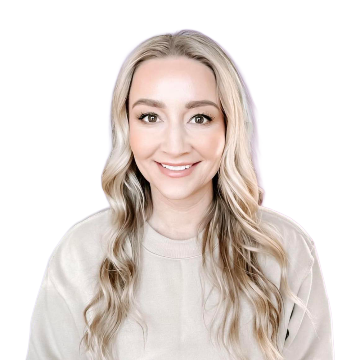 A woman smiling with long blonde wavy hair, wearing a beige sweatshirt, against a background with black and purple gradients.