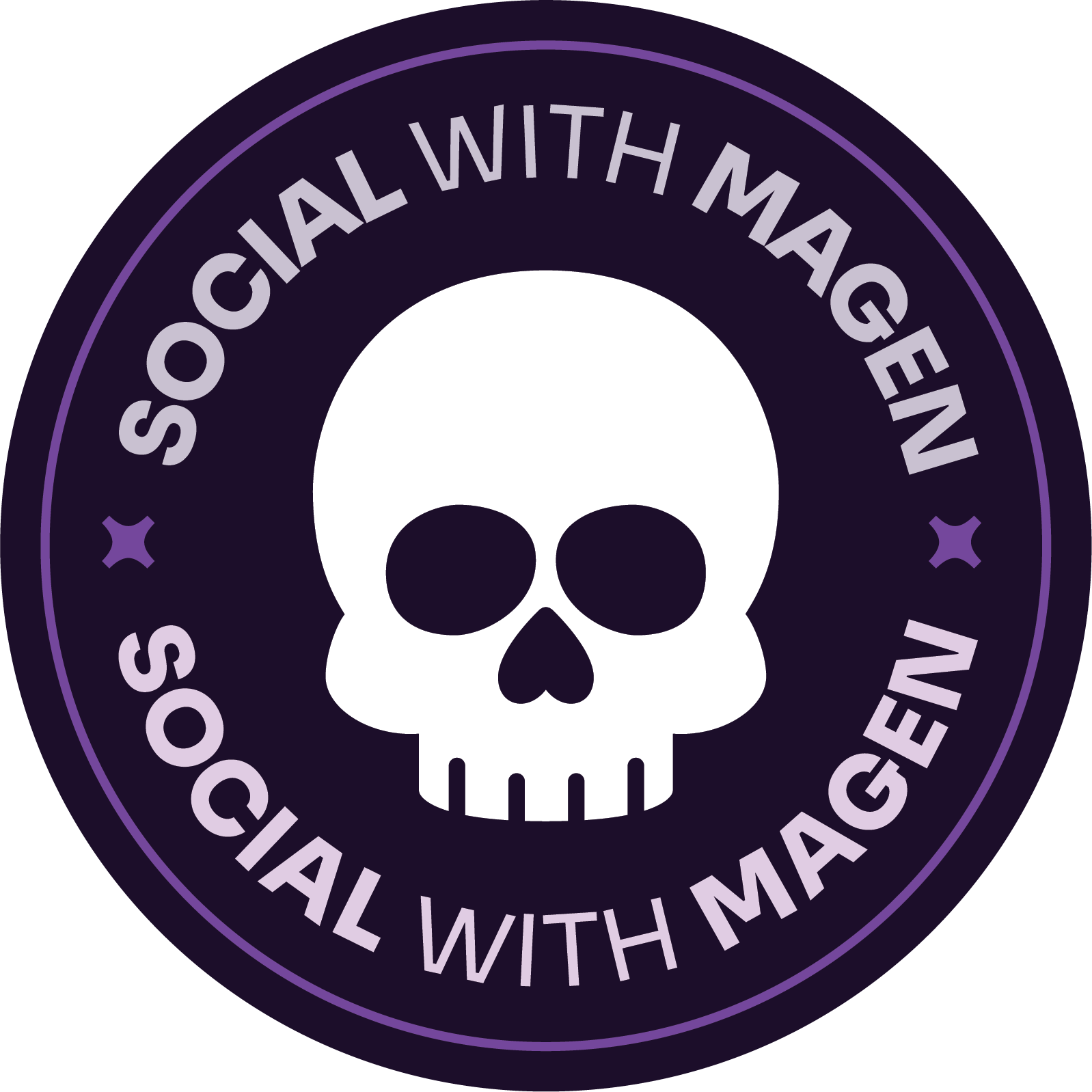 Round emblem for Social With Magen, dark purple circle with a white skull illustration in the center