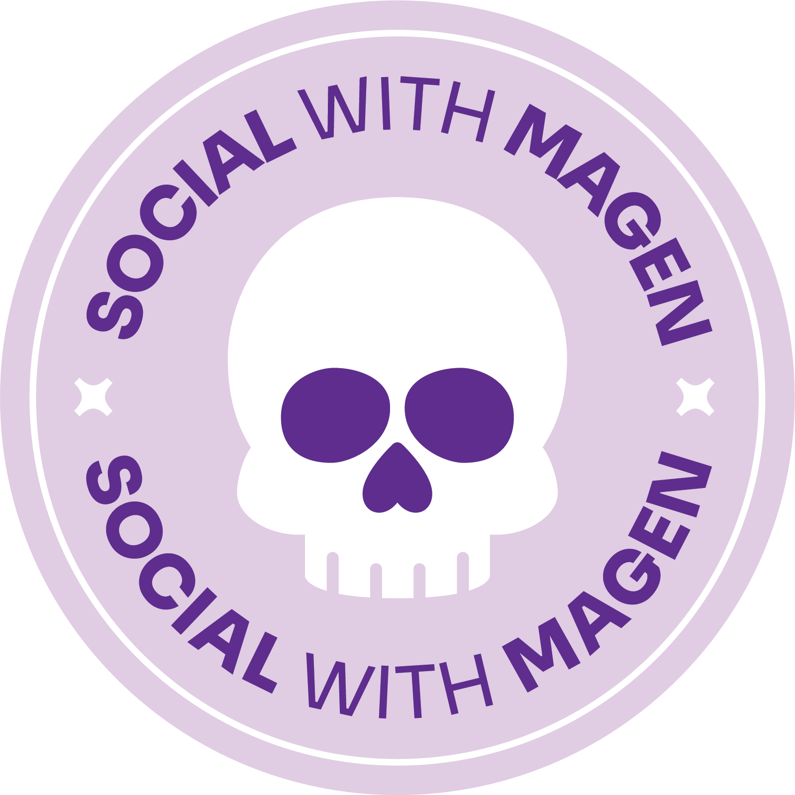 A circular badge with a skull in the center, purple text around it reads 'Social With Magnets' and 'Social With Magnet' on a light purple background.