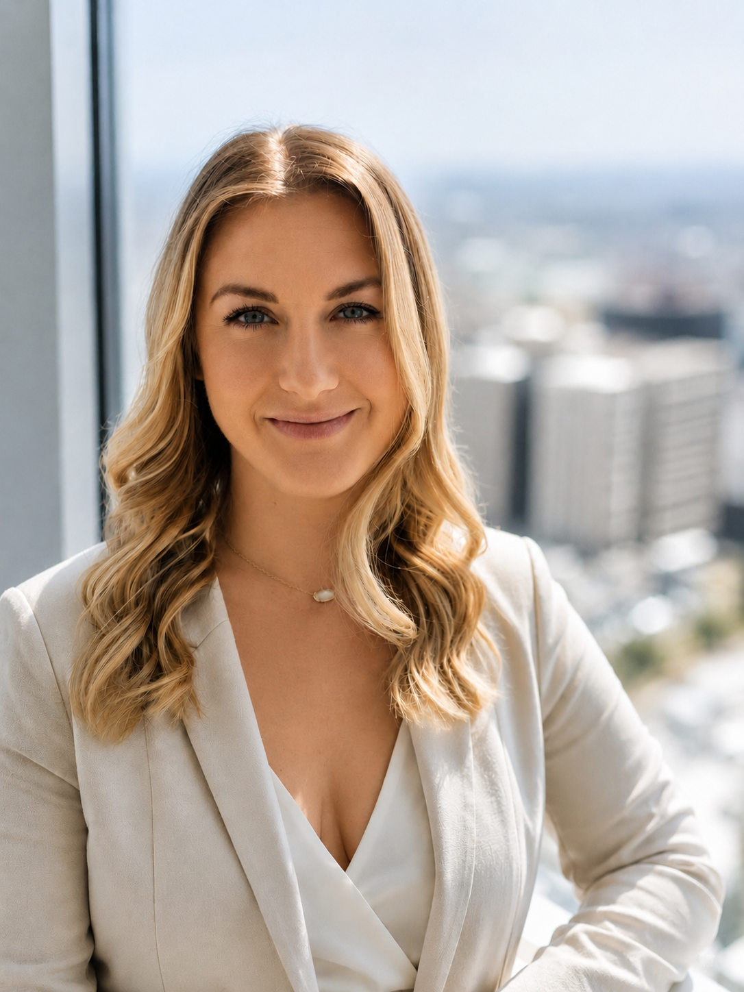 A smiling woman with blonde hair, blue eyes, wearing a white blazer and necklace, standing in front of a large window with a city view.