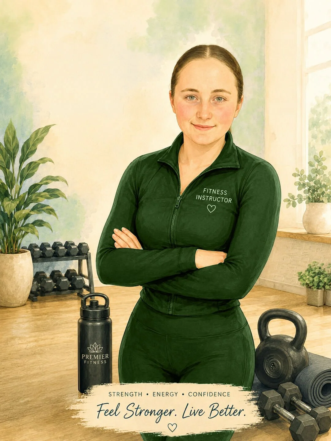 Female fitness instructor with green sports outfit on with arms folded