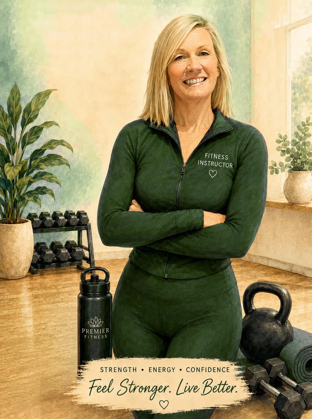 Female fitness instructor smiling with arms folded, standing next to weights and kettlebell