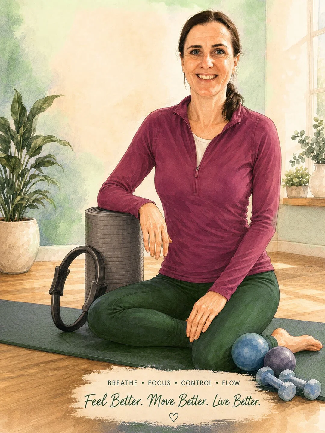 Female pilates fitness instructor sitting on a pilates mat with pilates equipment