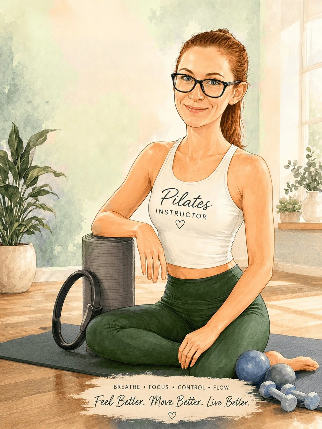 Female fitness instructor sitting on a pilates mat smiling