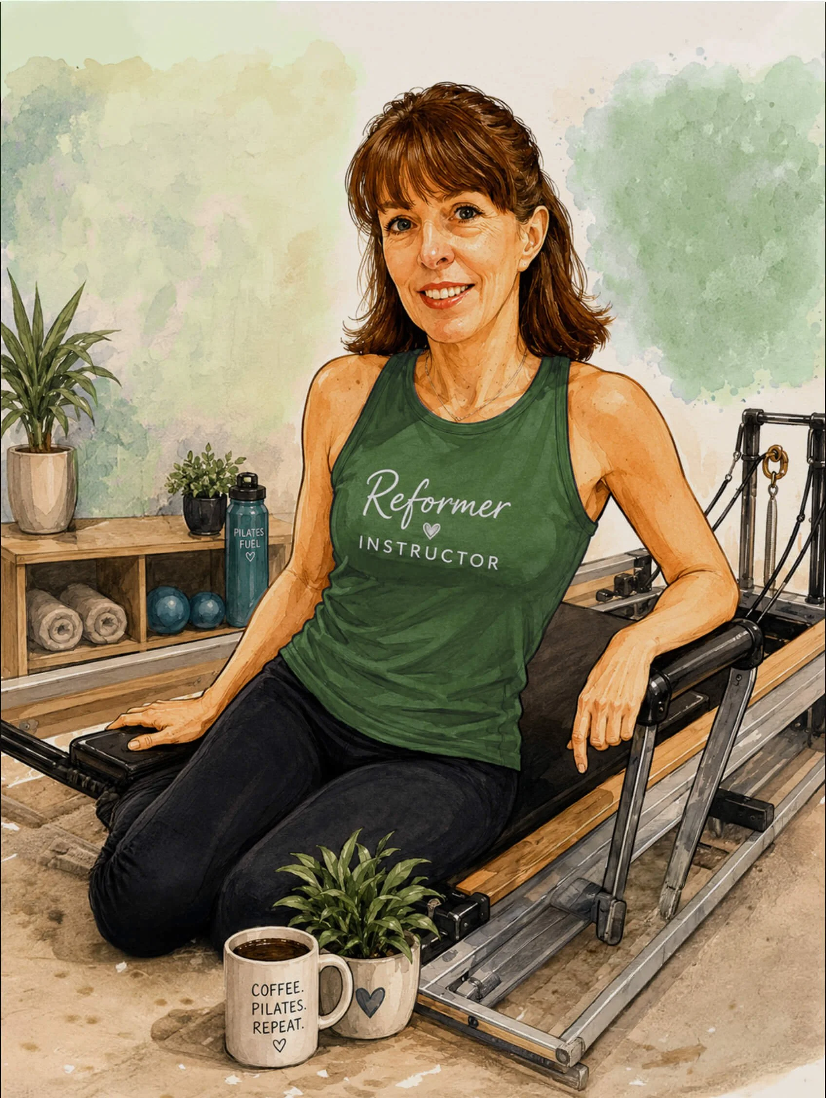 Reformer pilates fitness instructor sitting on reformer equipment smiling