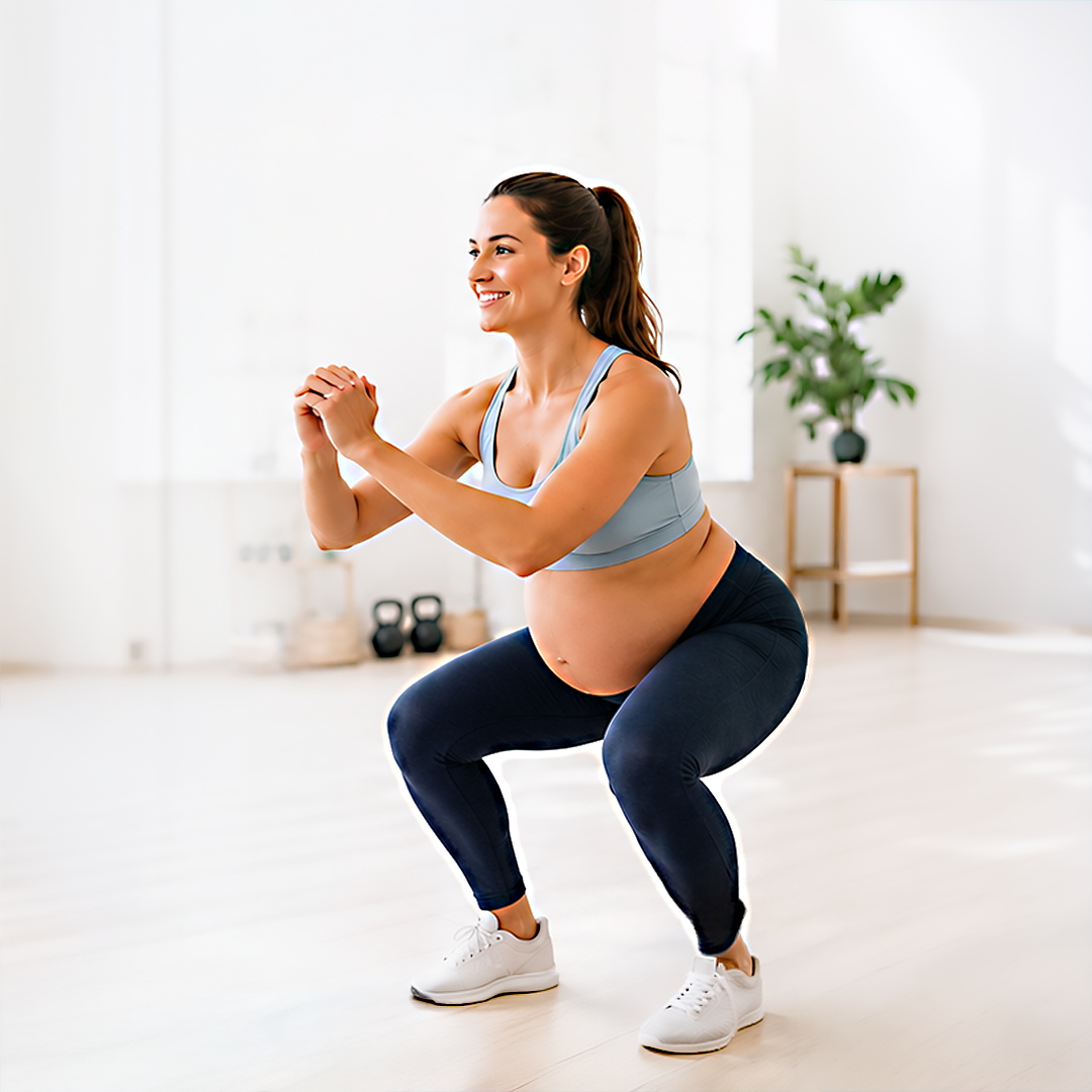 Pregnant woman performing a squat exercise during a pre and postnatal small group training session