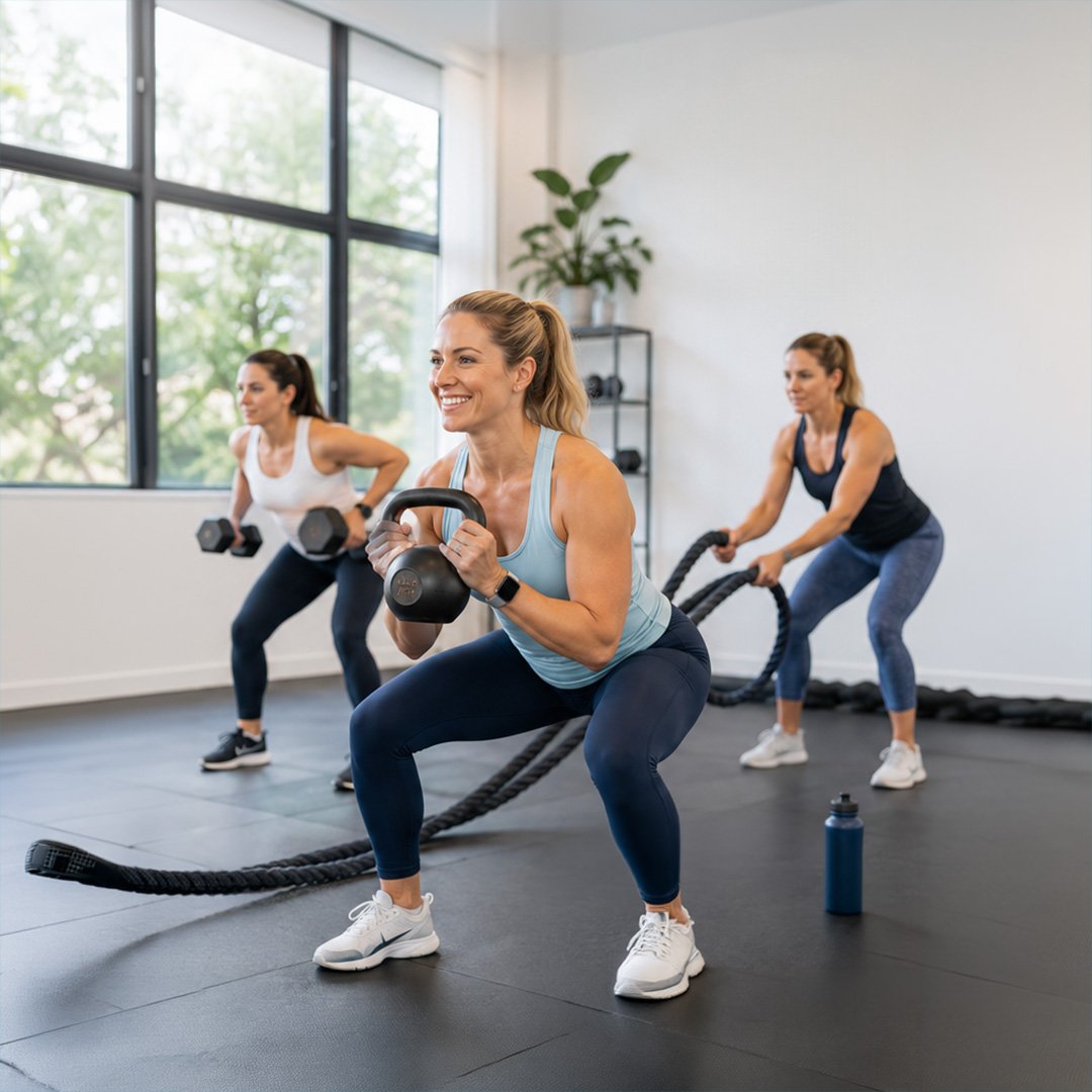 Three women using dumbells, kettlebells in a fitness studio for circuit training in a small group personal training session