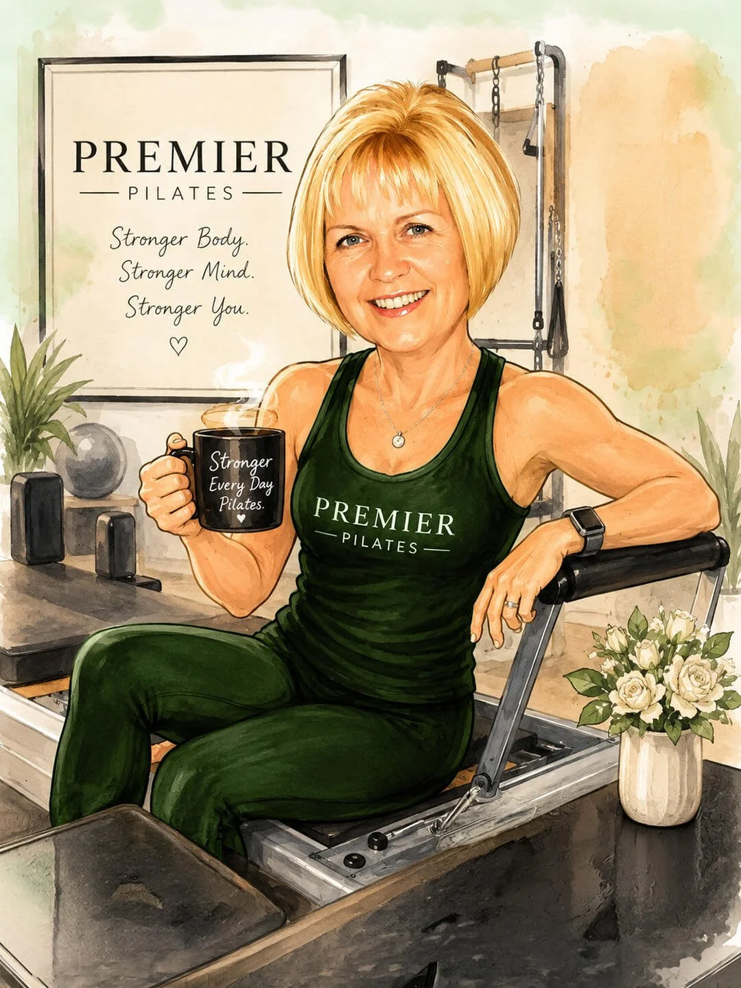 Premier female fitness instructor sitting on Pilates reformer equipment smiling