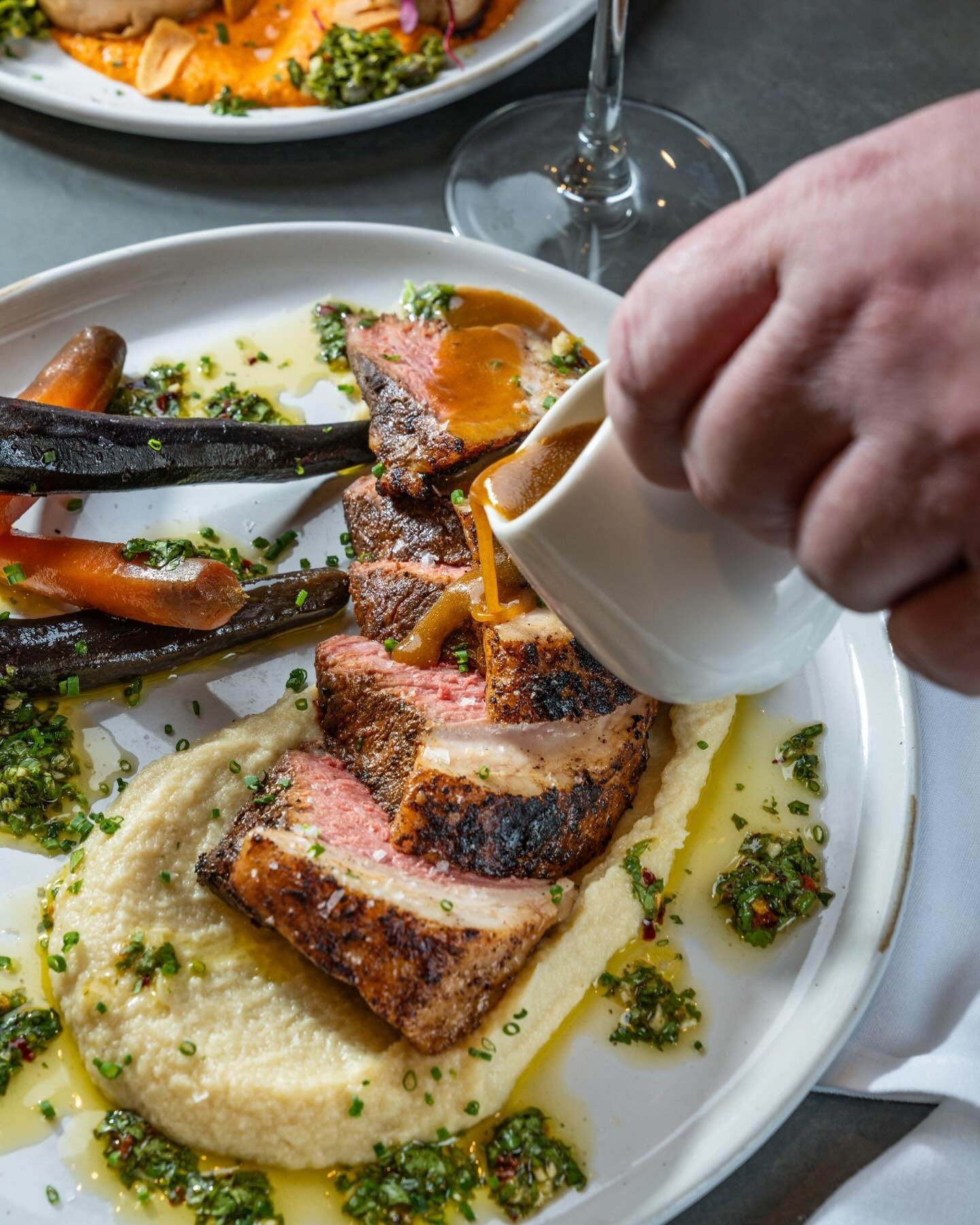 The cure for the rainy day blues: Coulotte Steak from @rosedabeef with tallow poached carrots, parsnip pur&egrave;e and chimichurri.