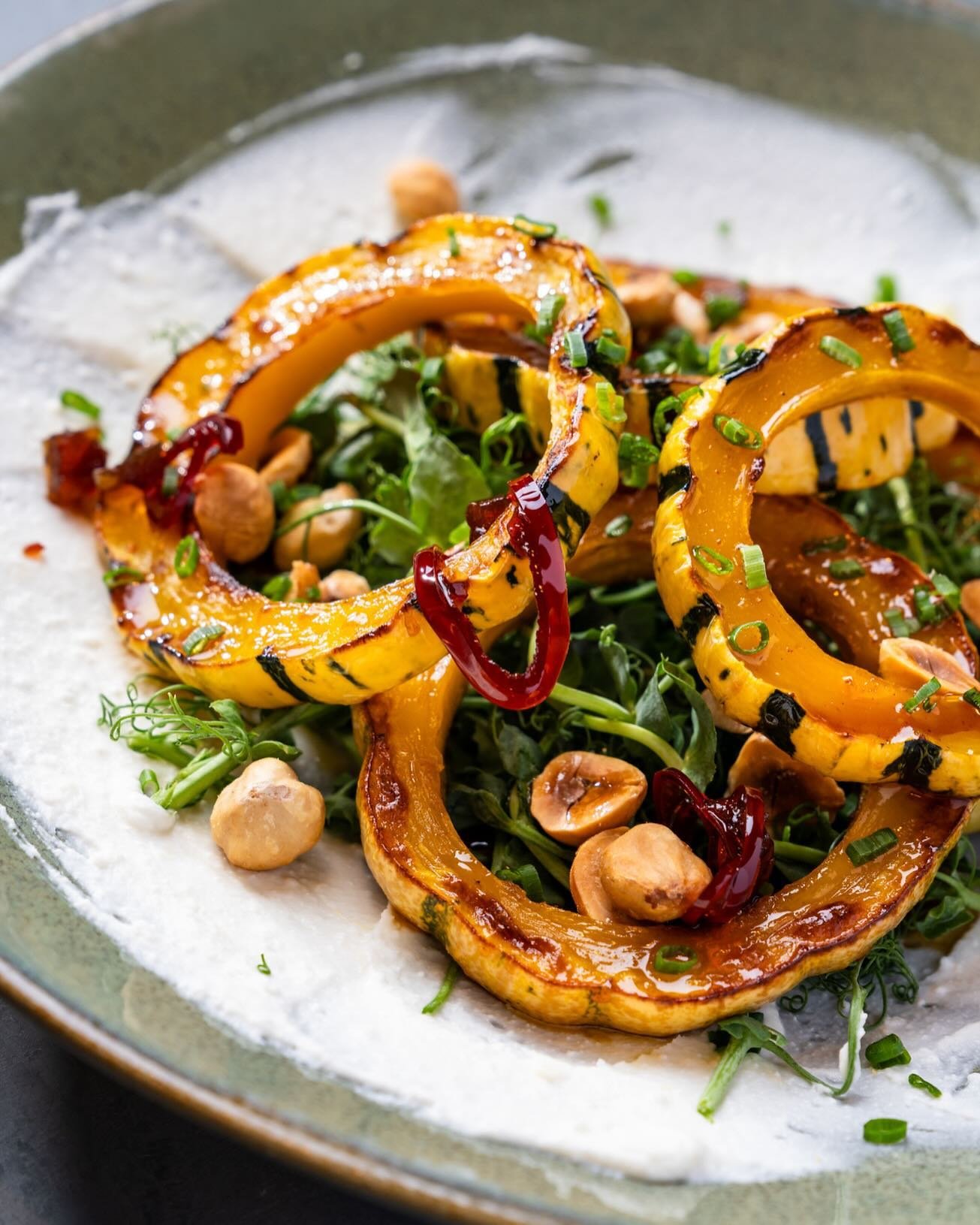 Delicata &amp; Ricotta with agrodolce, pea tendrils, hazelnut and chive. 

📸 @sv_images