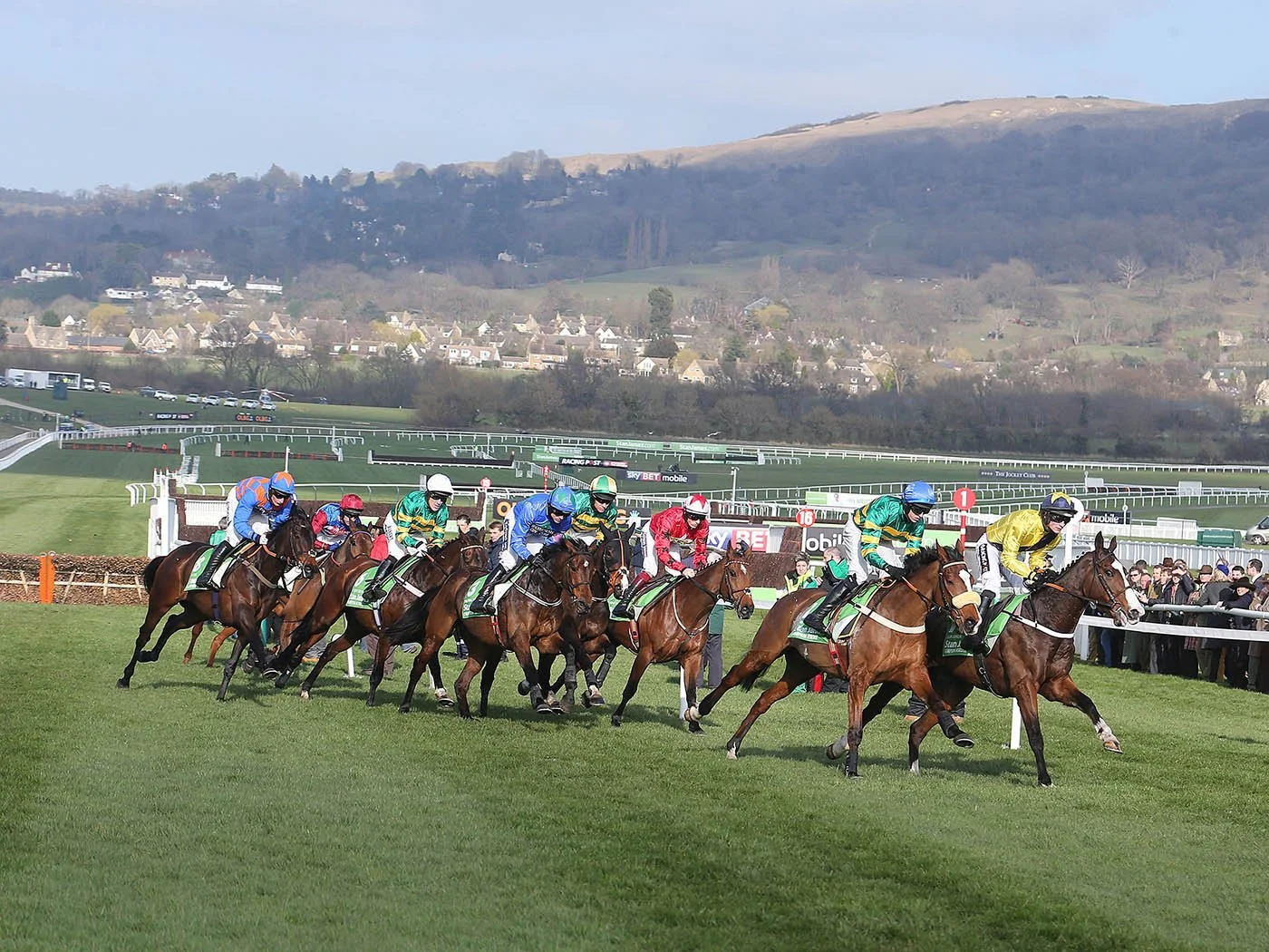Horse racing event with jockeys on the track, hillside background, spectators watching.