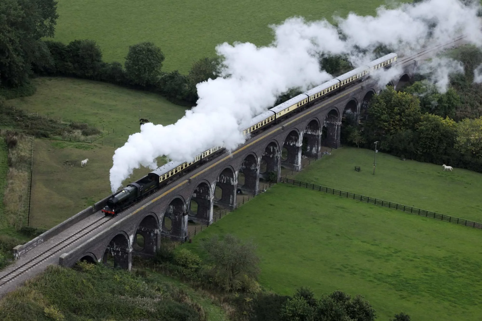 Steam train crossing a viaduct in a rural landscape with green fields.