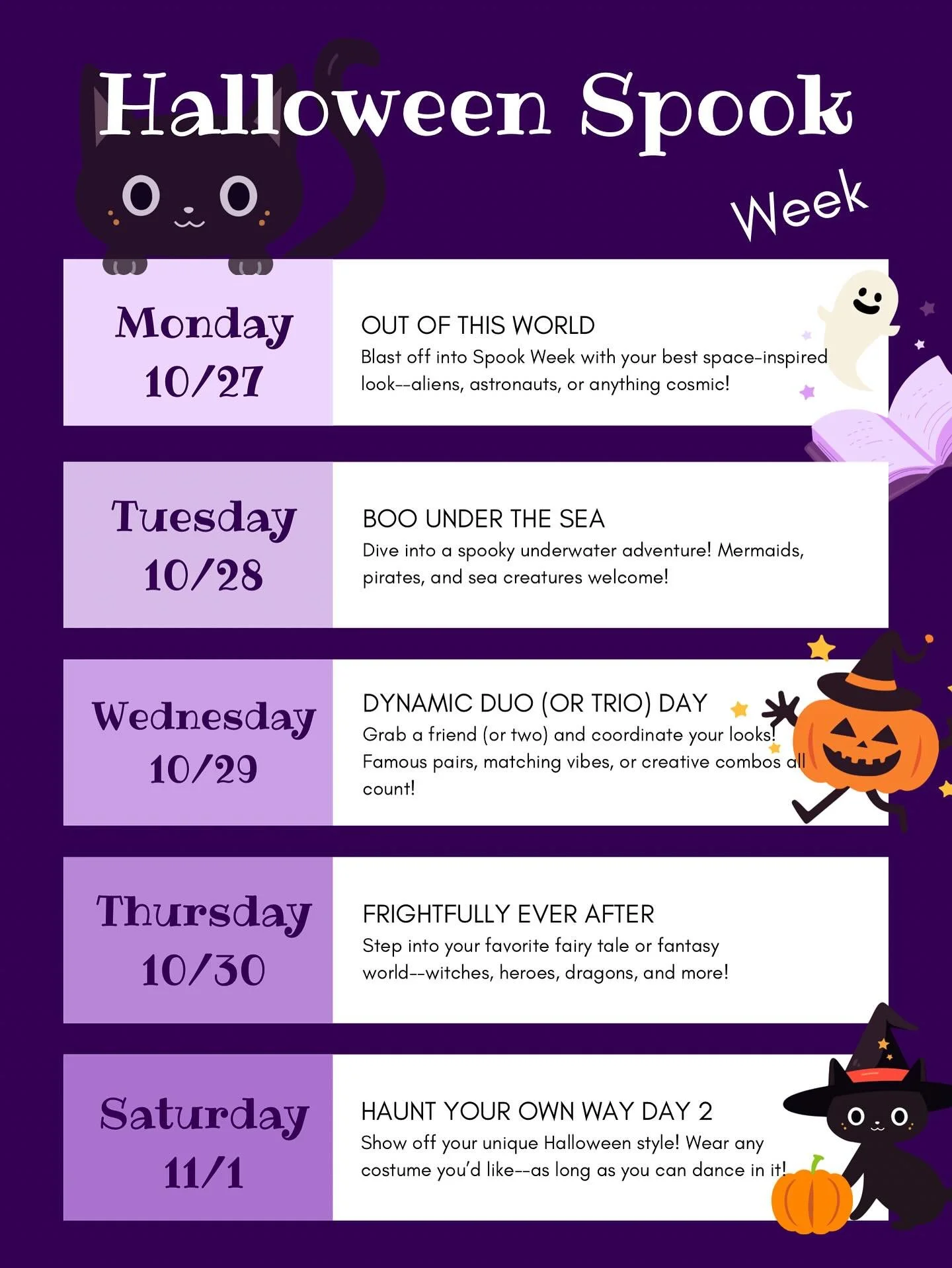 It&rsquo;s time to boo-gie! 👻✨

Spook Week is next week at Alliance Dance Studio&mdash;dress up, dance hard, and celebrate Halloween all week long! 

Check out our themed days and get ready for some frightfully fun classes! 💀🩰