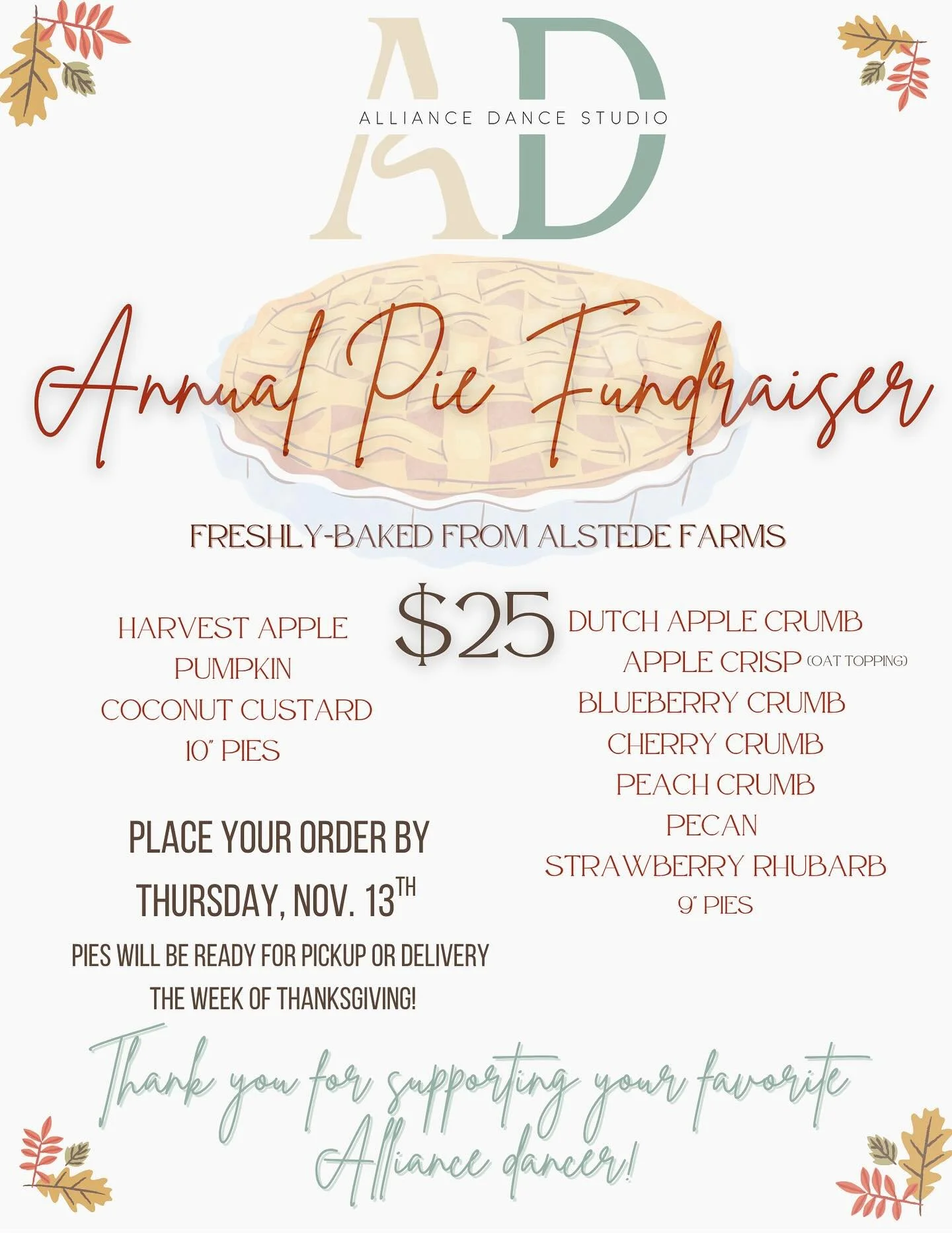 π₯§ It’s pie time! Our annual Alliance Pie Fundraiser is back! Support your favorite dancers and enjoy a delicious treat just in time for the holidays. π©°π