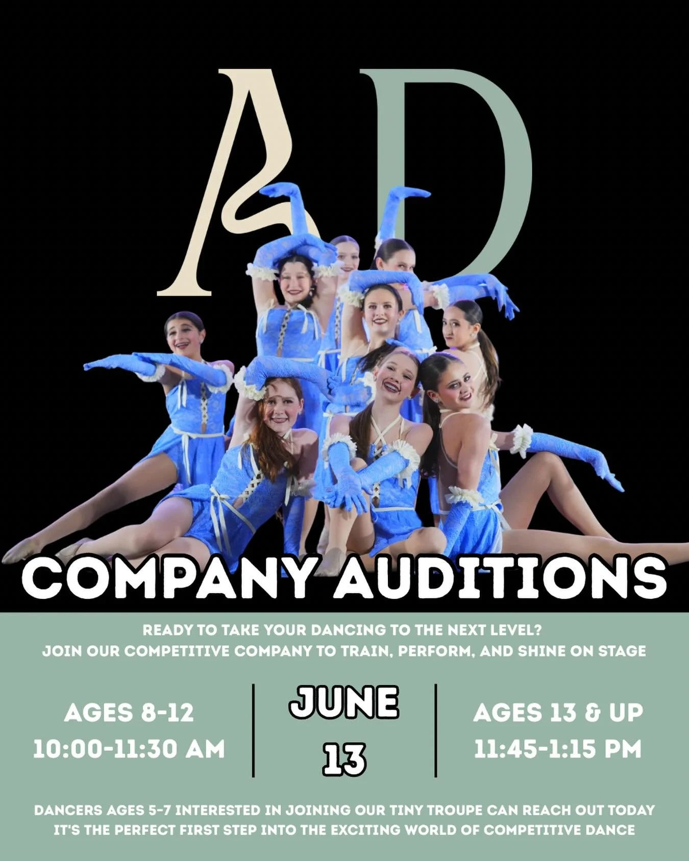 Ready to take the stage and grow as a dancer? ✨ Join our Competitive Company and be part of an inspiring, hardworking team that shines all season long! 

✨Sign up for auditions at the link in our bio!

Have a little dancer ages 5-7? Our Tiny Troupe i