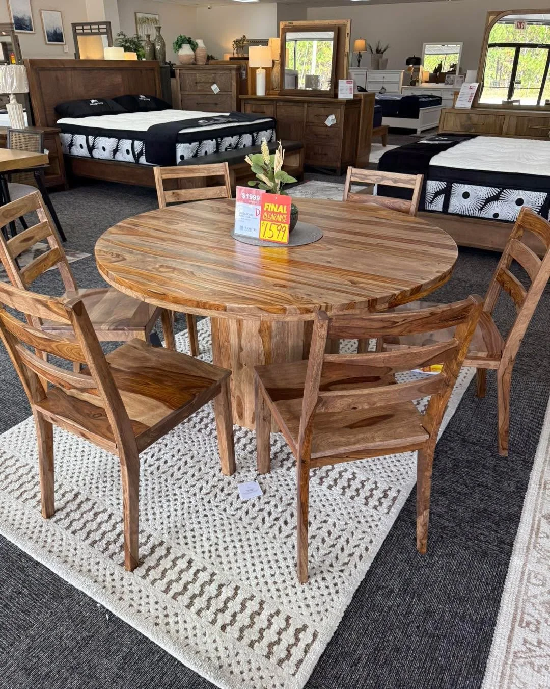We still have a great selection of floor model clearance dining sets. Come by before they are all gone. Up to 50% off retail.