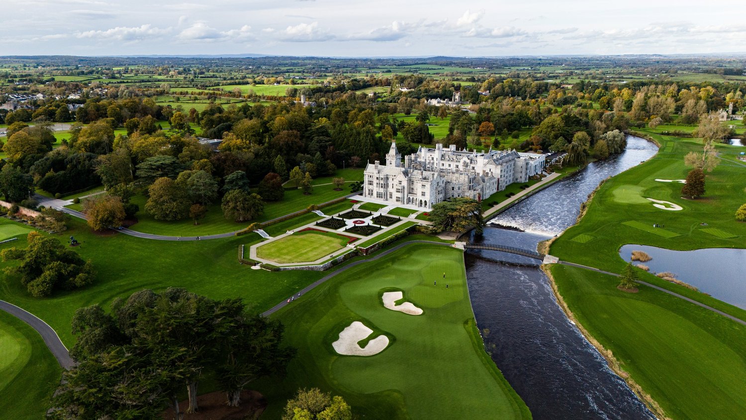 Aerial view of an Irish castle hotel and golf course
