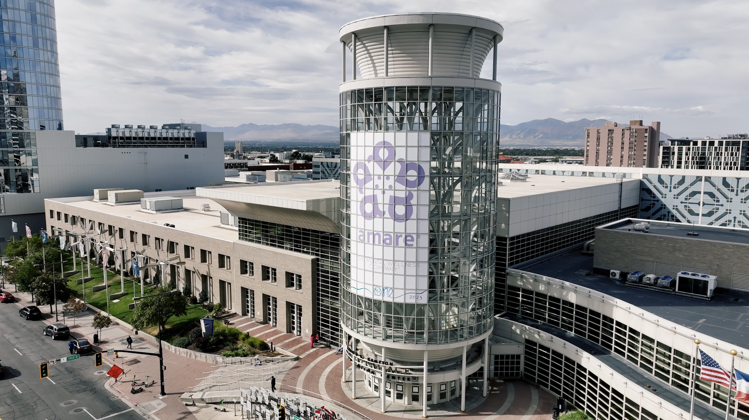 Aerial view of a convention center building