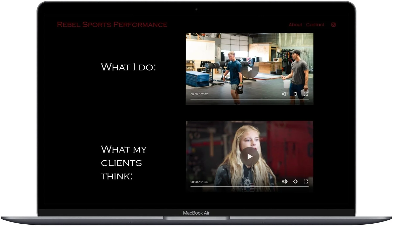 Laptop mockup of the Rebel Sports Performance website featuring Hummingbird Media videos