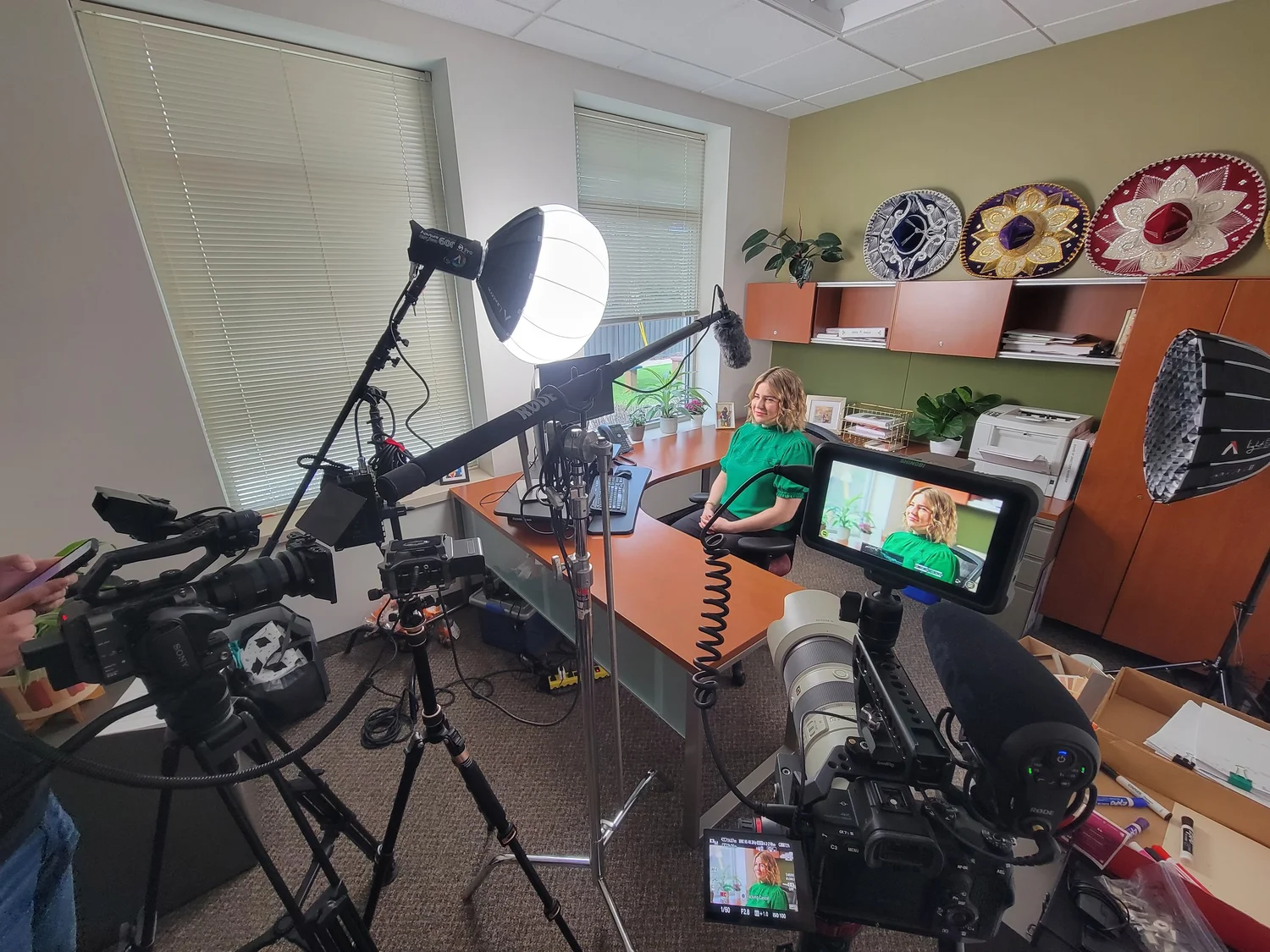 Camera and lighting setup for an office interview video