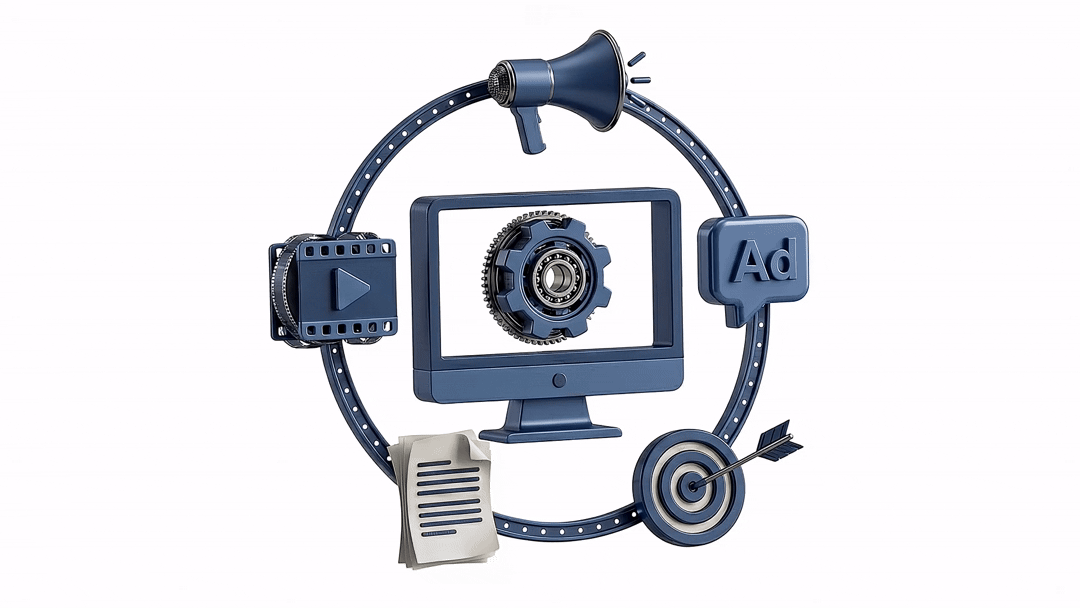 Marketing engine graphic: computer with video, ads, megaphone and analytics icons