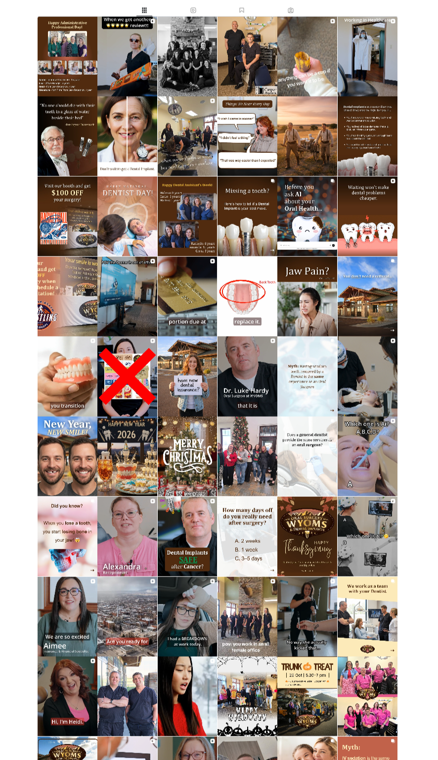 Grid of WYOMS social media video posts for a Casper, Wyoming oral surgery practice