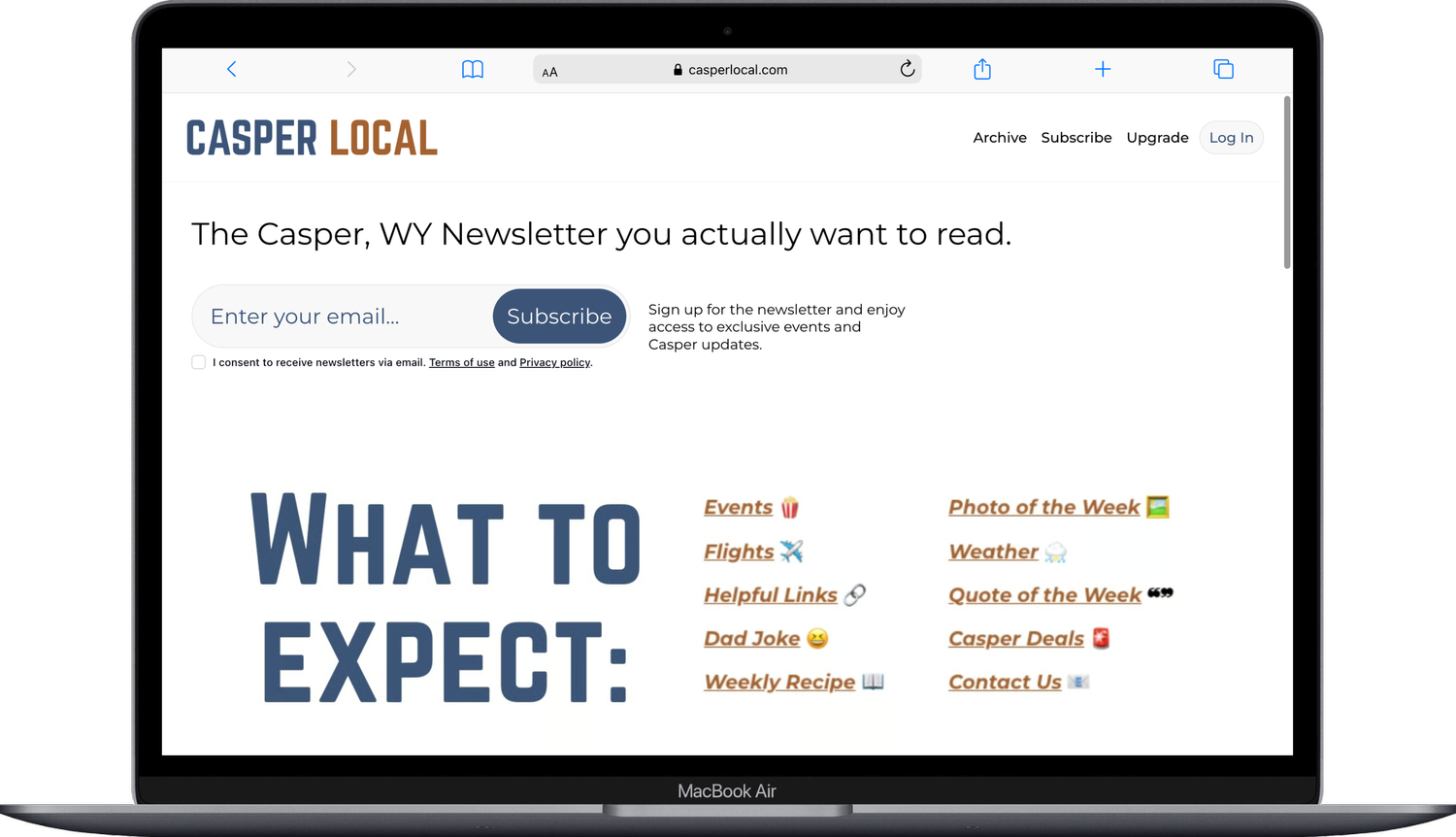 Casper Local newsletter website for Casper, Wyoming, shown on a laptop