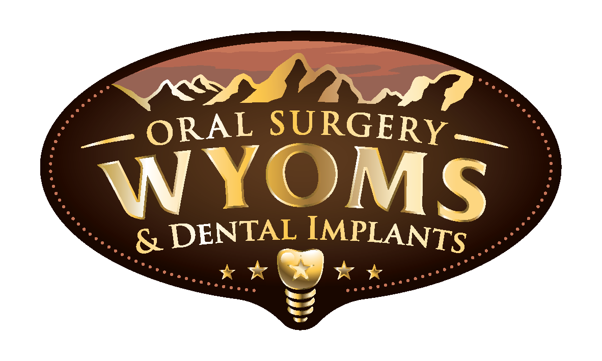 Logo for Wyoms Oral Surgery & Dental Implants, featuring mountain graphic, gold lettering, and a tooth with a star and screw at the bottom.