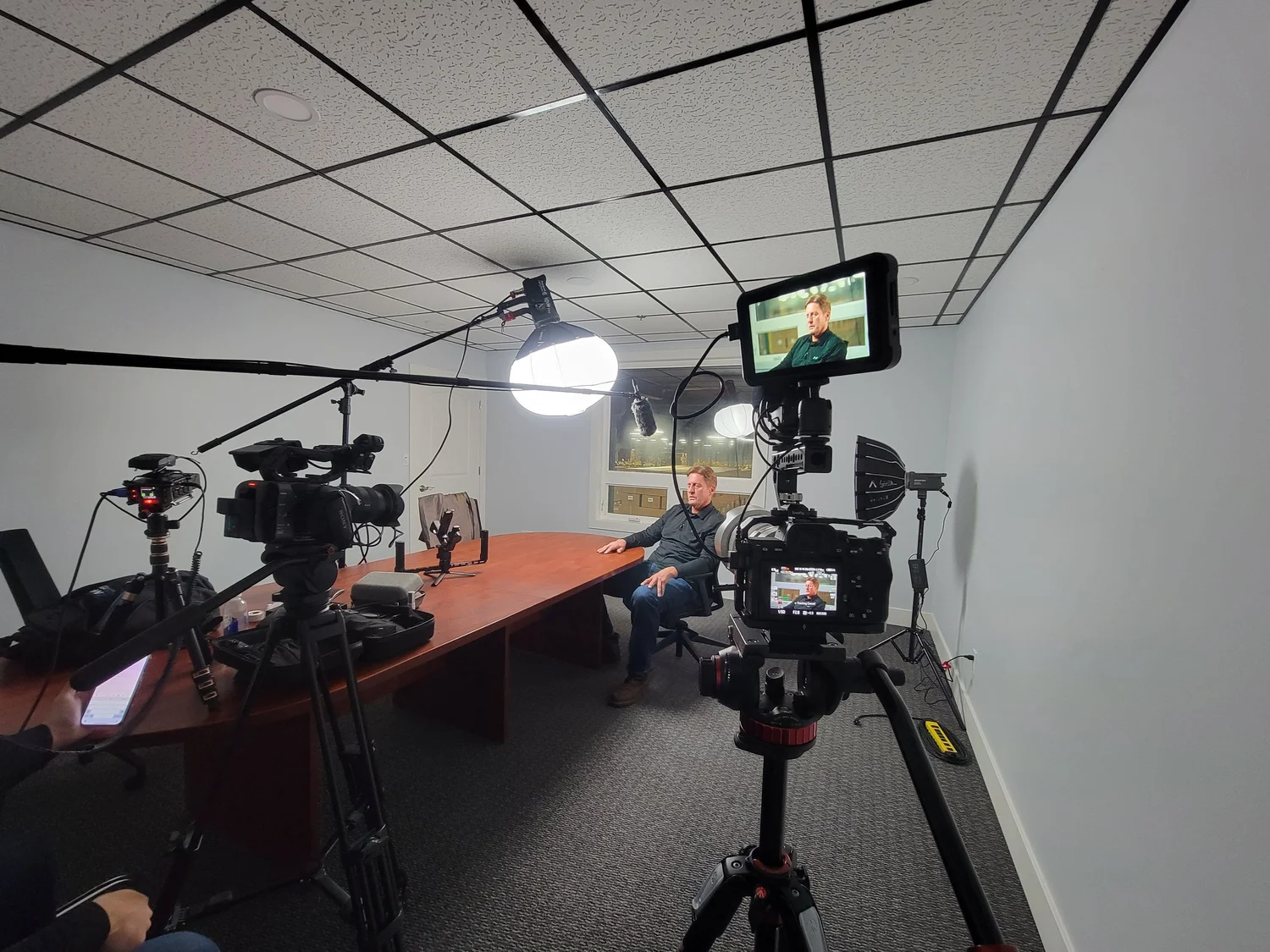 Multi-camera interview setup with lighting on a Hummingbird Media Productions shoot in Casper, Wyoming